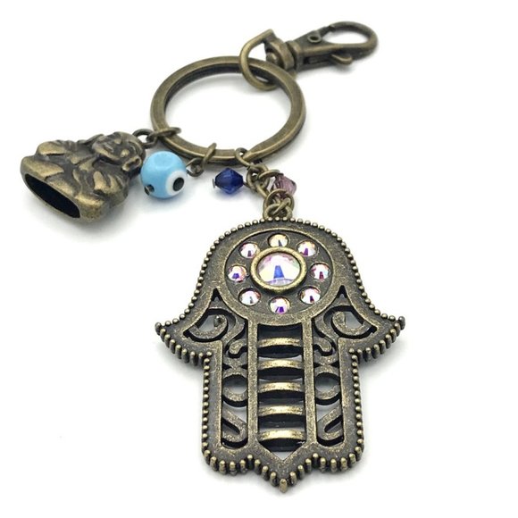 Jeweled Brass Hamsa/Buddha Keychain - Picture 2 of 6